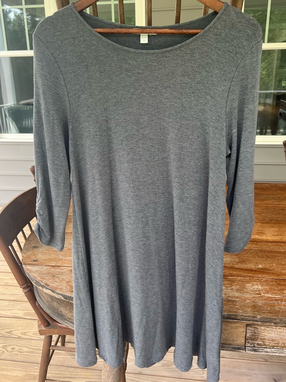 Garnet Hill Flared Trapeze Knit Dress Gray Ruched Sleeves Round Neck Large